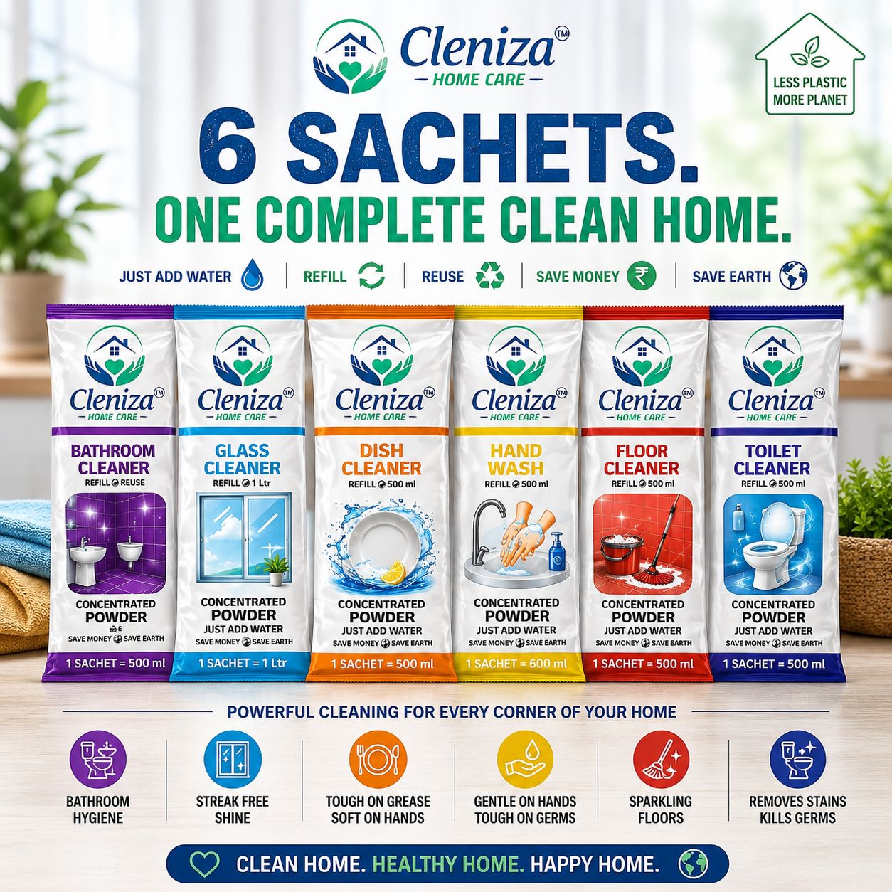 CLENIZA sachets on a home counter