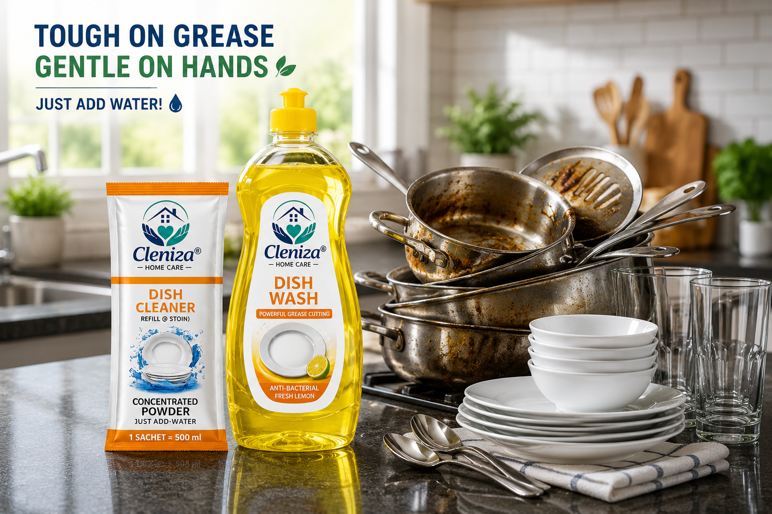IMAGE WHERE CLEANIZA DISHWASH CLEANER SACHET IS ON THE KITCHEN COUNTER CLENIZA IN A YELLOW DISHWASH CLEANER BOTTLE NEXT TO GREASY INDIANKITCHEN UTENSILS WHERE SOME UTENSILS ARE SQUEQY CLEAN ON THE COUNTER ARRANGED NEATLY