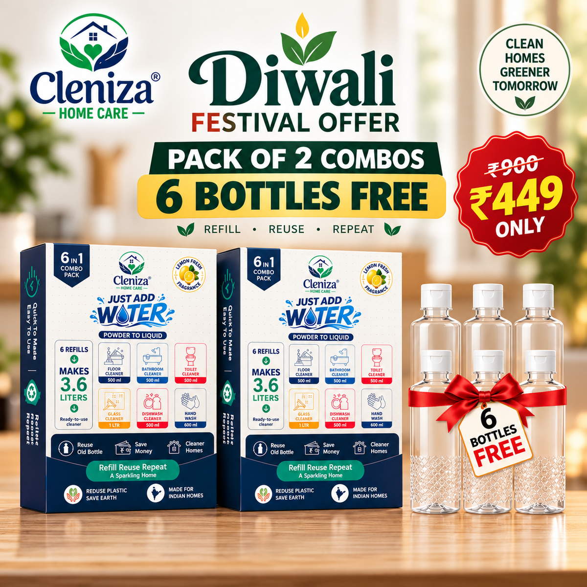 CLENIZA Complete Home Care | 12-Pack Combo | Pack of 2 + 6 Bottles Free