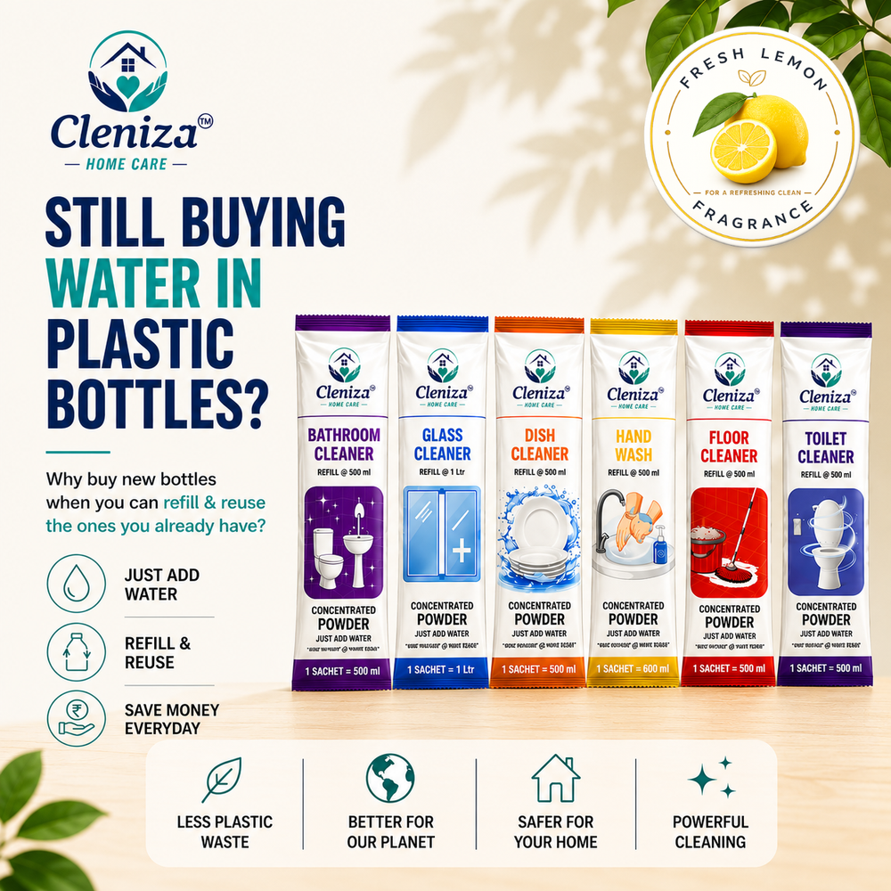 CLENIZA Complete 6-in-1 HomeCare Combo Pack  Our best-selling starter pack. Includes 1 Floor Cleaner sachet, 1 Toilet Cleaner sachet, 1 Glass & Multi-Surface sachet, 1 Grease-Cutting Dishwash sachet, 1 Foaming Handwash sachet, and 1 Bathroom Cleaner sachet (Makes a total of 3 Litres of cleaner)