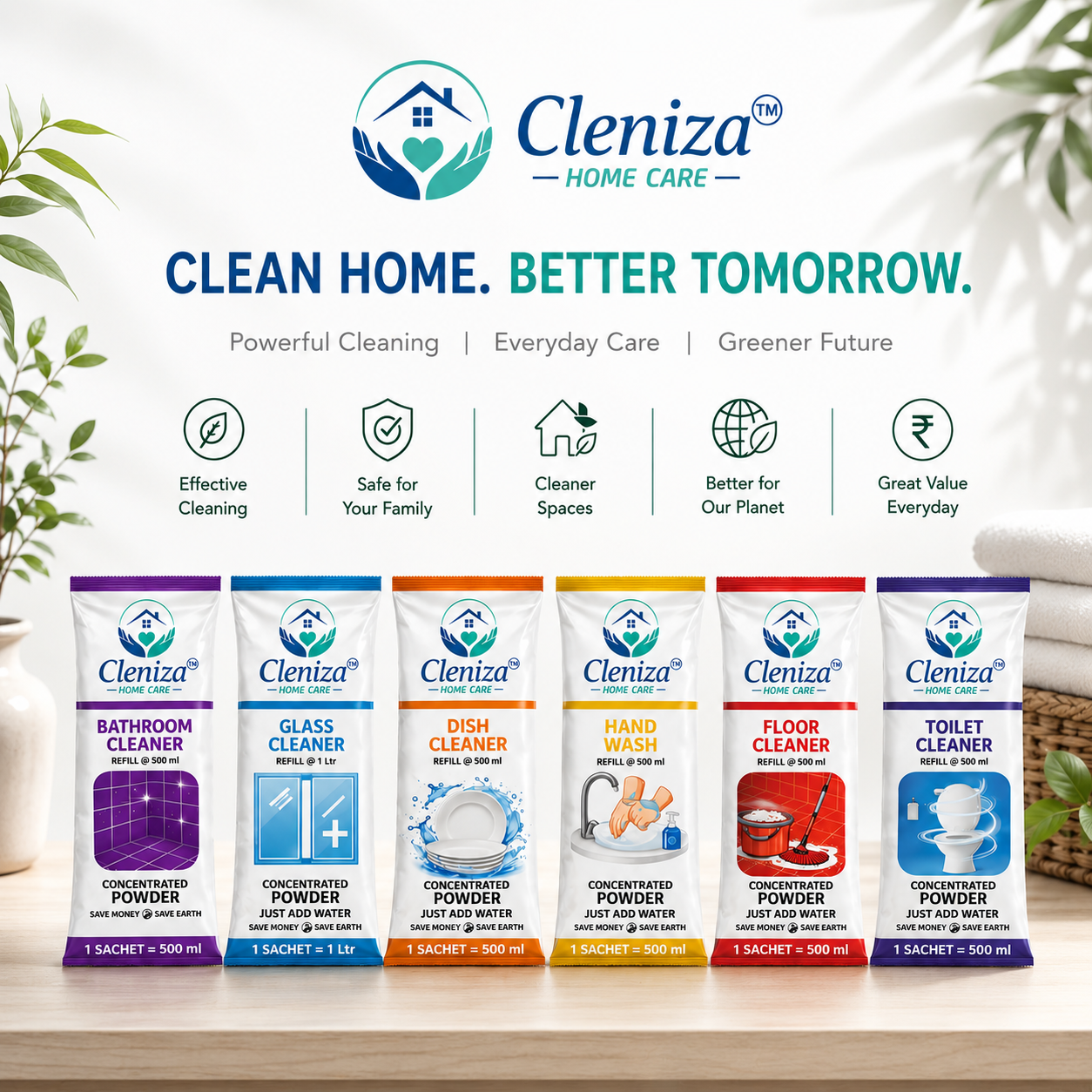 CLENIZA Complete 6-in-1 HomeCare Combo Pack  Our best-selling starter pack. Includes 1 Floor Cleaner sachet, 1 Toilet Cleaner sachet, 1 Glass & Multi-Surface sachet, 1 Grease-Cutting Dishwash sachet, 1 Foaming Handwash sachet, and 1 Bathroom Cleaner sachet (Makes a total of 3 Litres of cleaner)