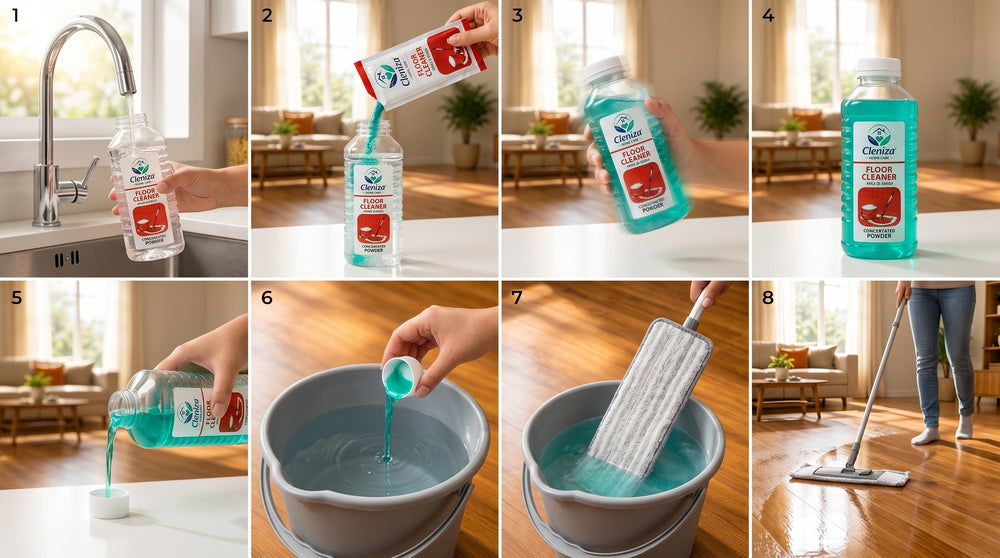 8-step visual guide showing how to prepare and use CLENIZA HomeCare Floor Cleaner. A reusable bottle is first filled with water, CLENIZA Floor Cleaner powder is poured from the sachet into the bottle, the bottle is shaken to create the cleaning solution, a measured capful is added to a bucket of water, a mop is dipped into the solution, and the floor is cleaned. The same CLENIZA floor cleaner sachet, bottle, bucket, and mop are shown consistently throughout the process in a bright home environment.