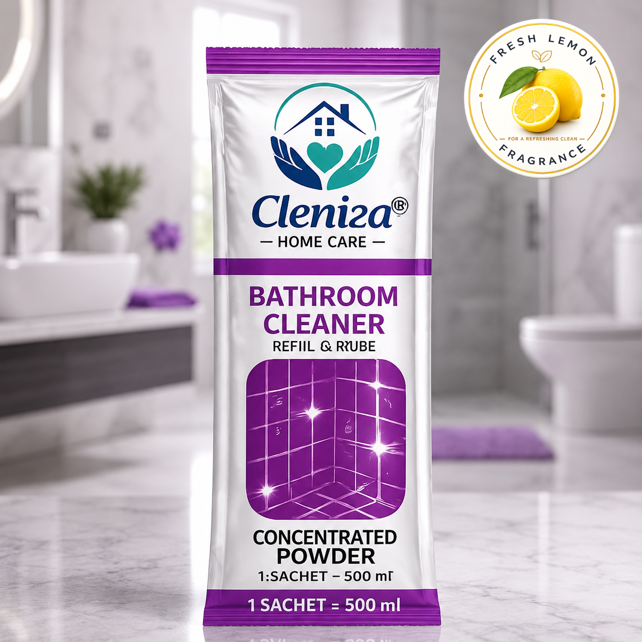 Cleniza bathroom cleaner refill packet with lemon fragrance label in a bathroom setting