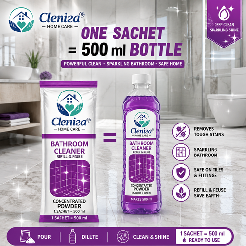 Cleniza bathroom cleaner packaging with a bottle and powder pack in a bathroom setting.