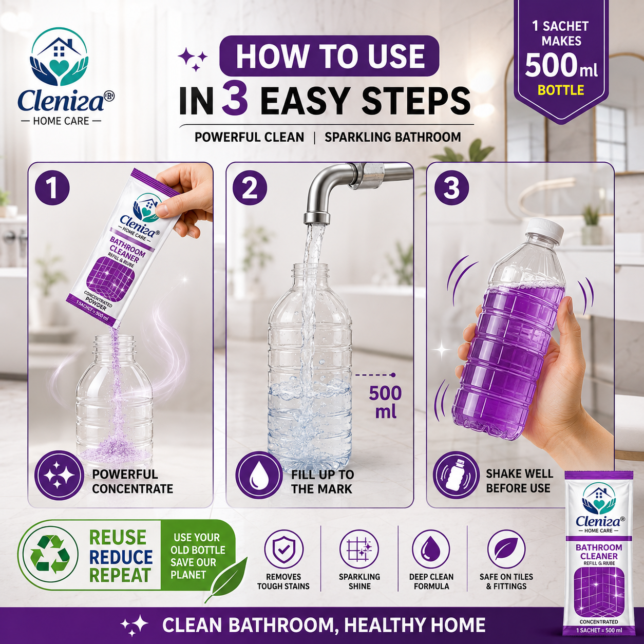 Cleniza bathroom cleaner packaging with step-by-step instructions on how to use the product.