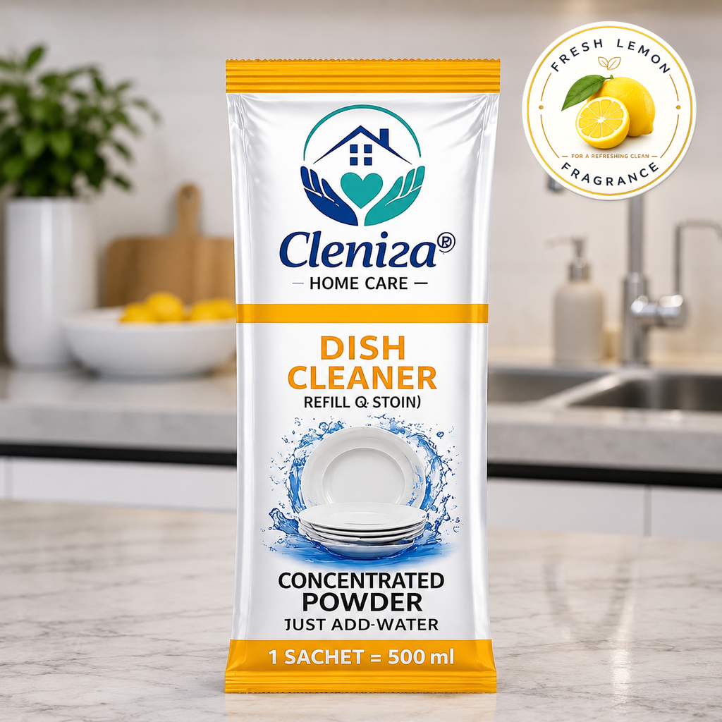 Cleniza dish cleaner packet with lemon fragrance label in a kitchen setting