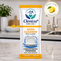 Cleniza dish cleaner packet with lemon fragrance label in a kitchen setting