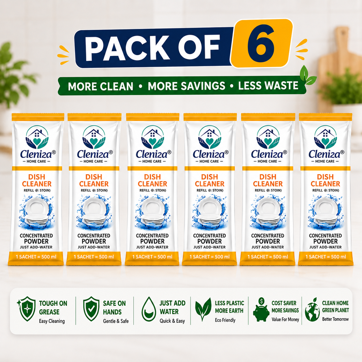 Pack of 6 Cleniza dish cleaner packets on a white background