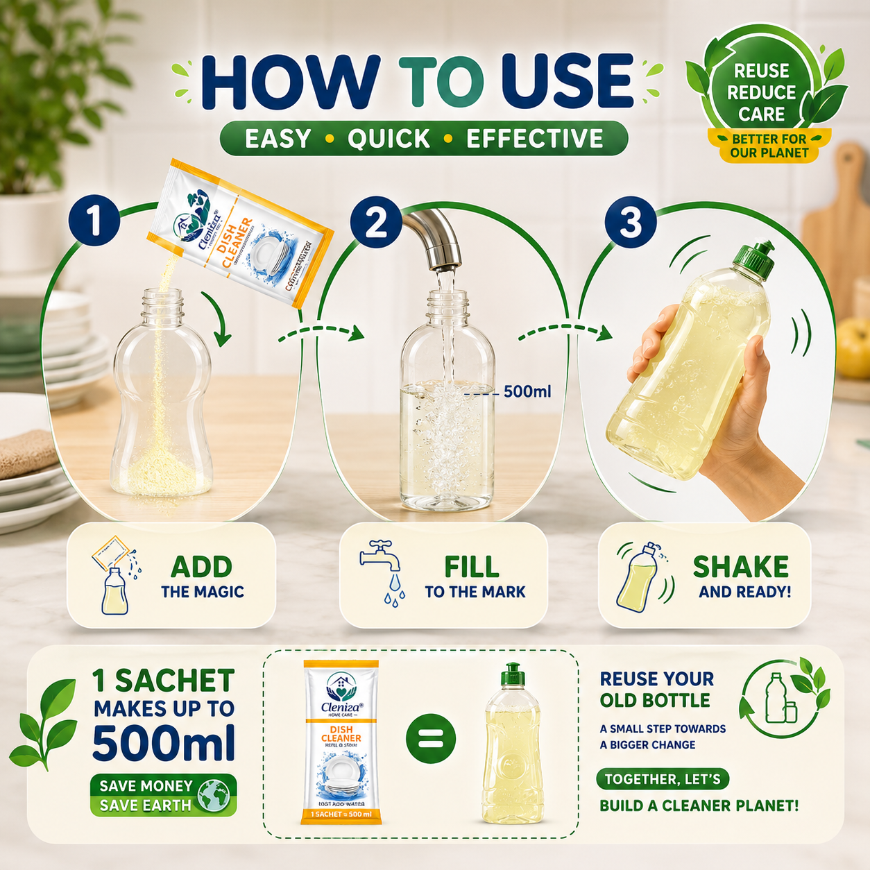 Step-by-step guide on how to use a cleaning product with icons and text.