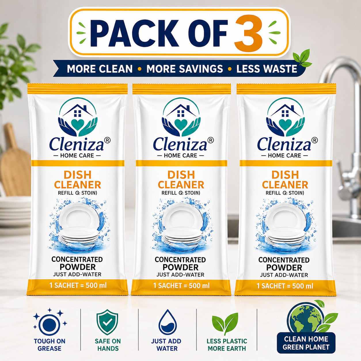 Three packs of Cleniza dish cleaner with a kitchen background
