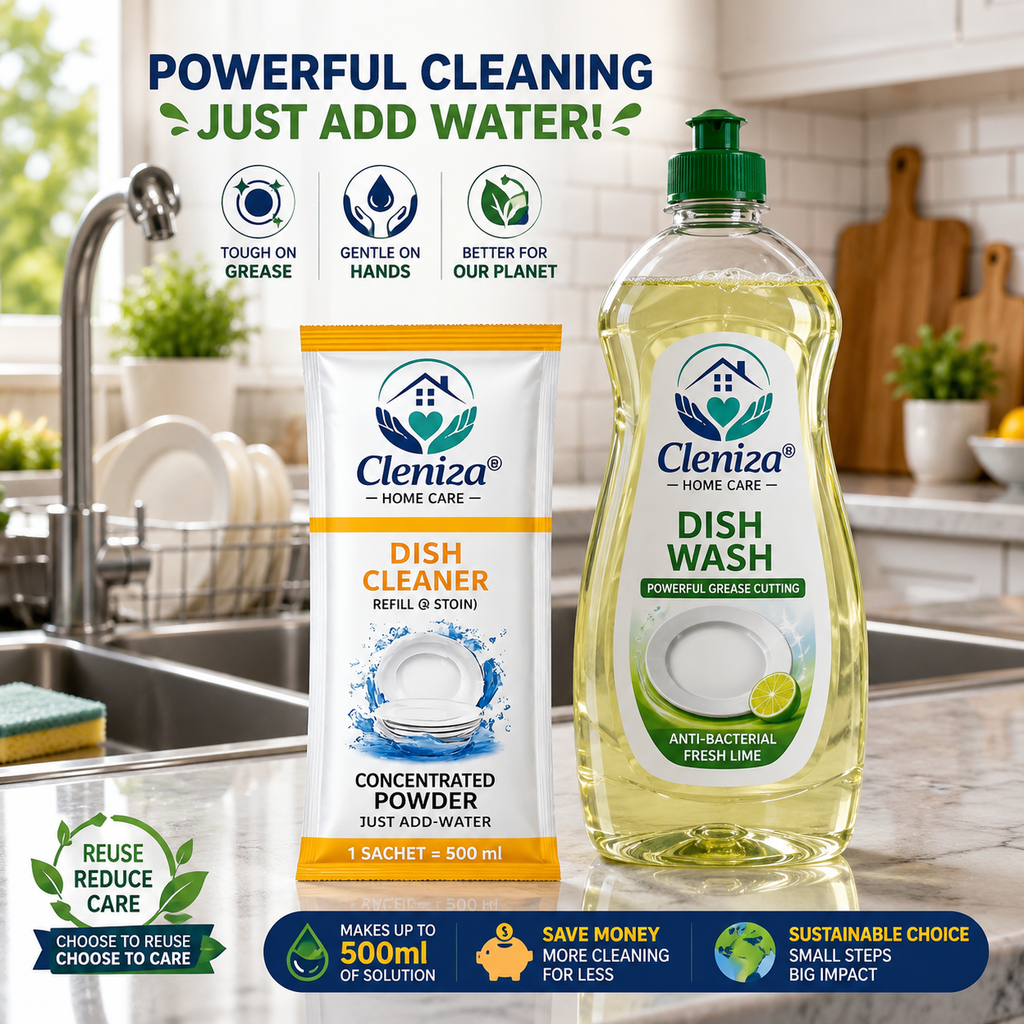 Cleniza dish cleaner and powder on a kitchen counter with product details.