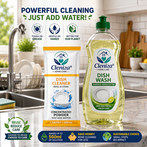 Cleniza dish cleaner and powder on a kitchen counter with product details.