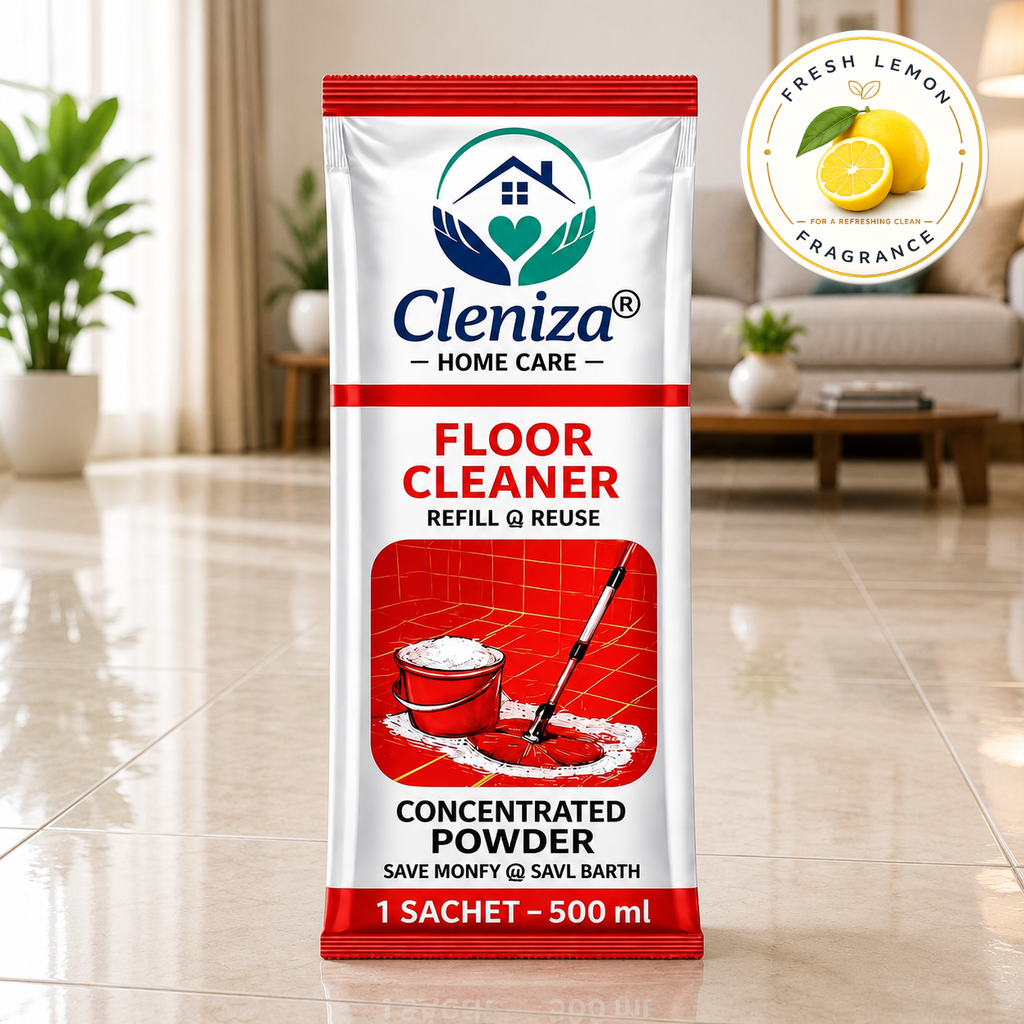 Cleniza floor cleaner refill packet on a shiny tiled floor with a living room background.