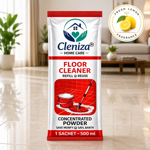 Cleniza floor cleaner refill packet on a shiny tiled floor with a living room background.