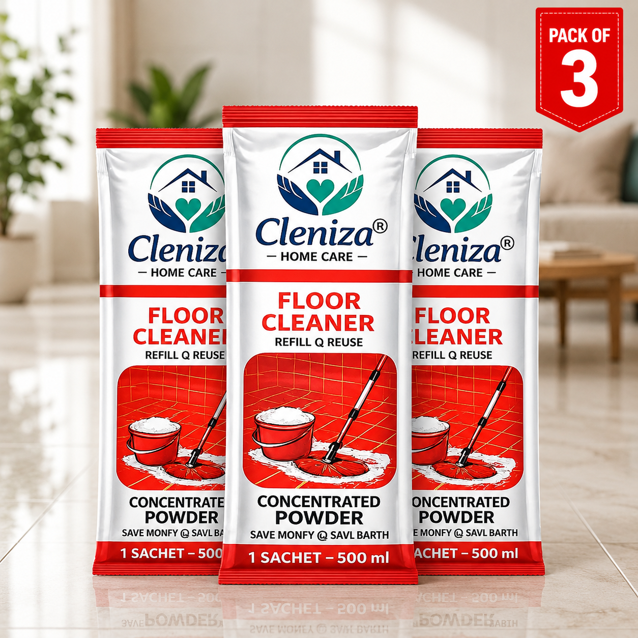 Three packs of Cleniza floor cleaner on a blurred background of a living room.