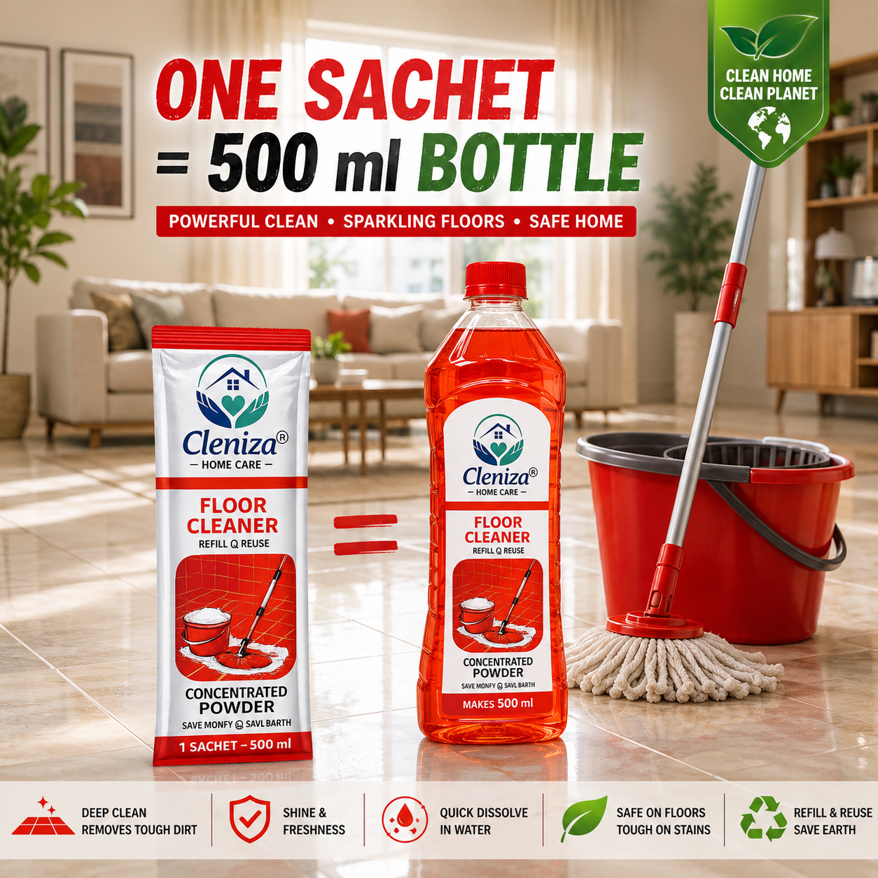 Cleniza floor cleaner packaging with a bottle, sachet, and mop on a tiled floor.