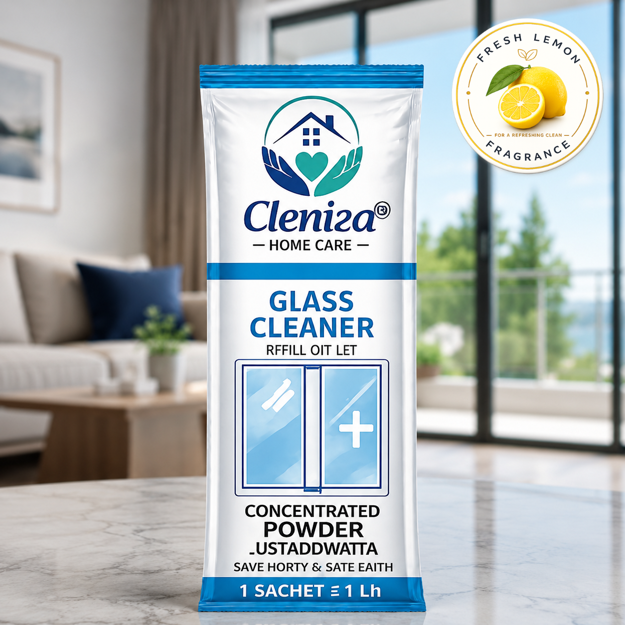 Cleniza glass cleaner refill packet with a living room background
