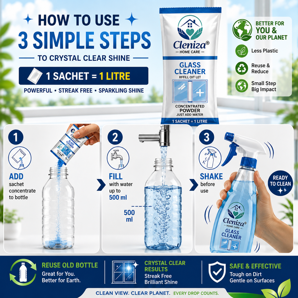 Cleniza glass cleaner packaging with usage instructions and product details.