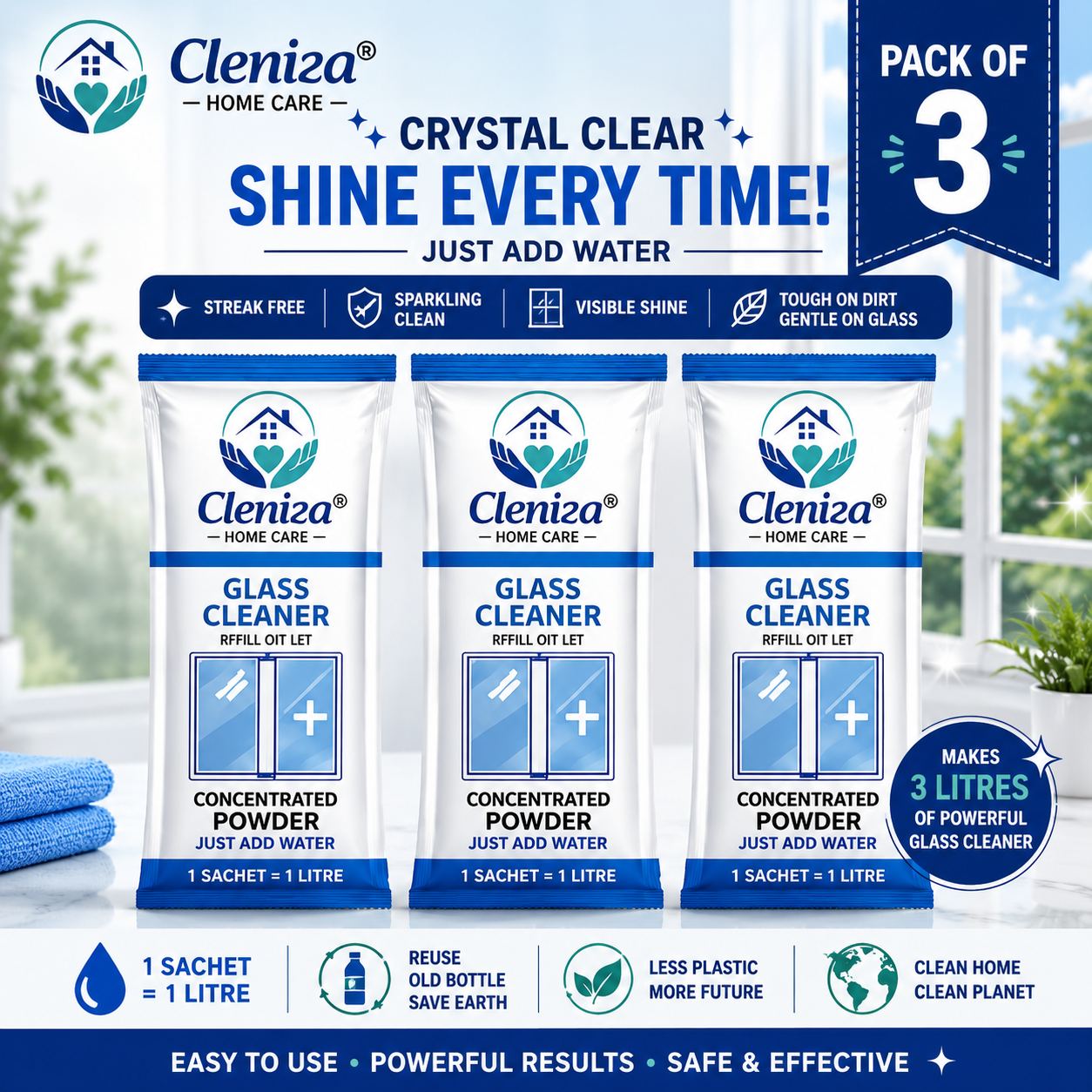 Cleniza glass cleaner powder packets with packaging details on a bright background