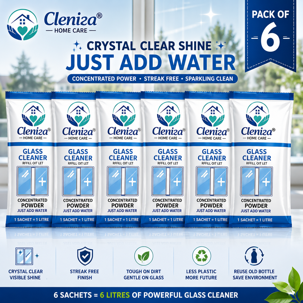 Cleniza glass cleaner packaging with six sachets on a reflective surface.