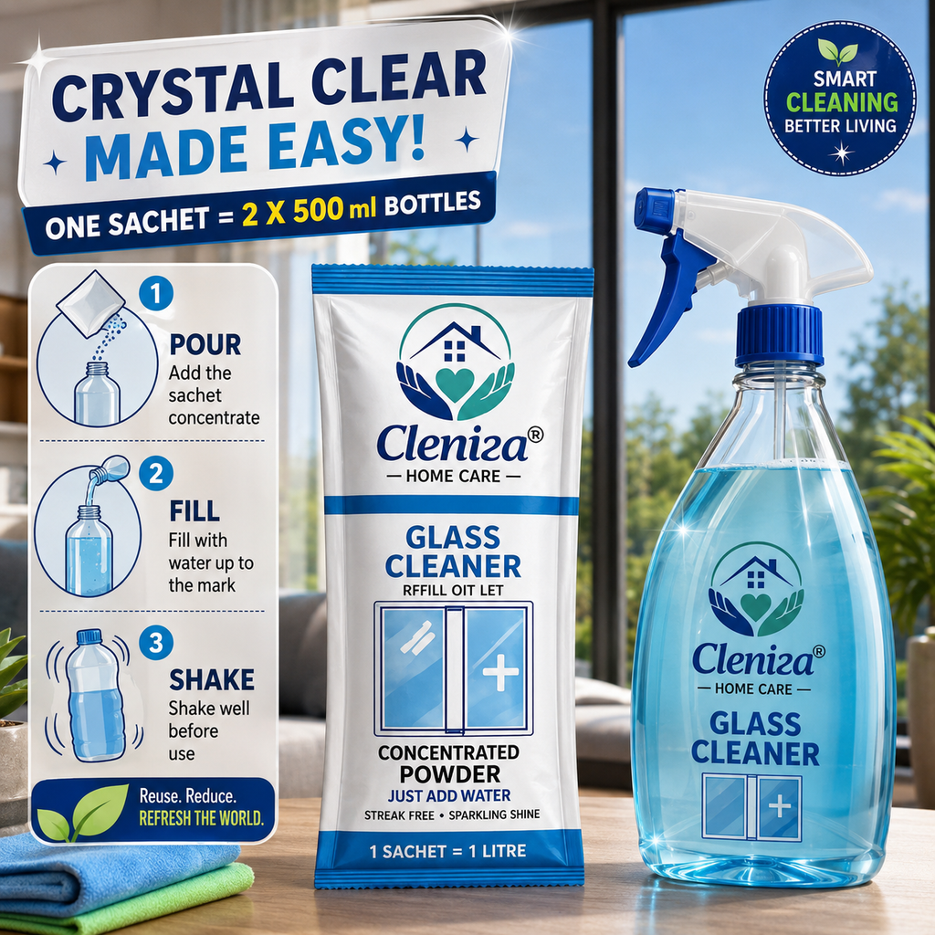 Cleniza glass cleaner packaging with powder sachet and spray bottle on a table.