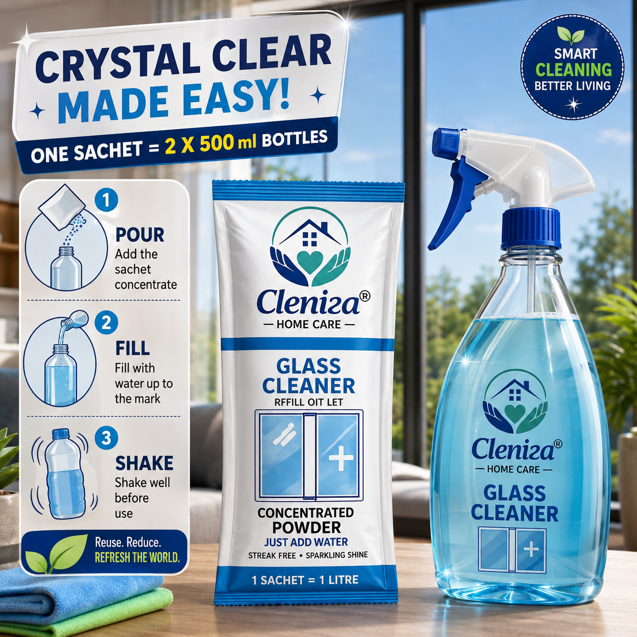 Cleniza glass cleaner packaging with powder sachet and spray bottle on a table.