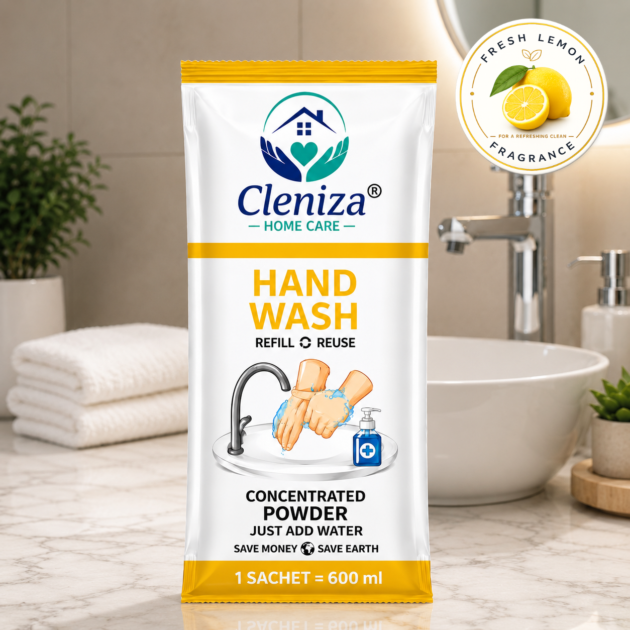 Cleniza hand wash refill packaging with a bathroom background