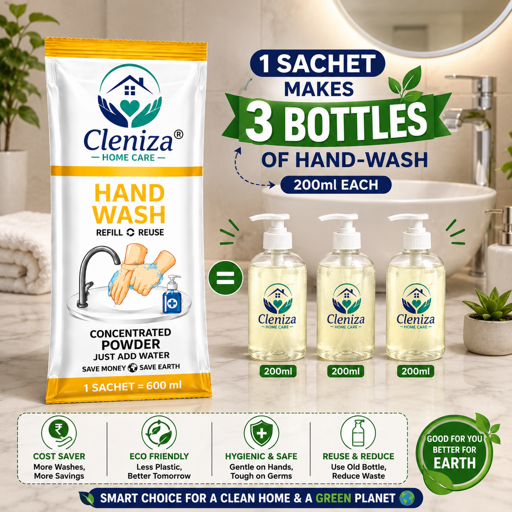 Cleniza hand wash refill packet with three bottles on a bathroom background