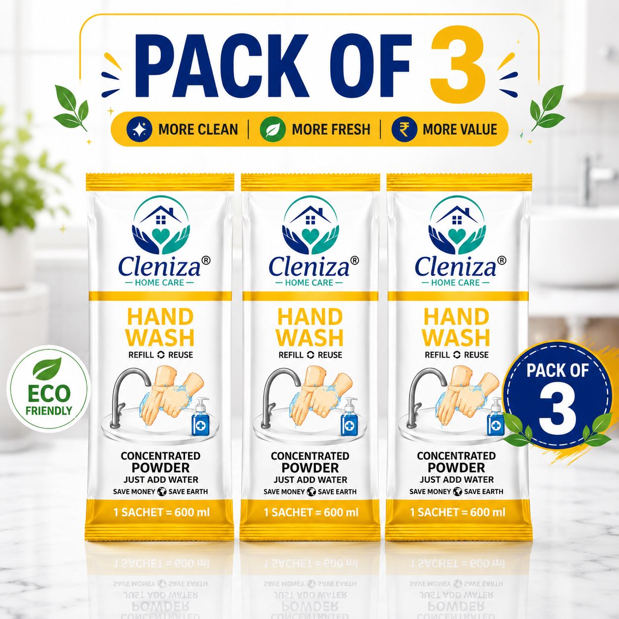 Pack of 3 Cleniza hand wash refills on a white background