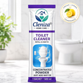 Cleniza toilet cleaner refill packet with lemon fragrance label on a bathroom background