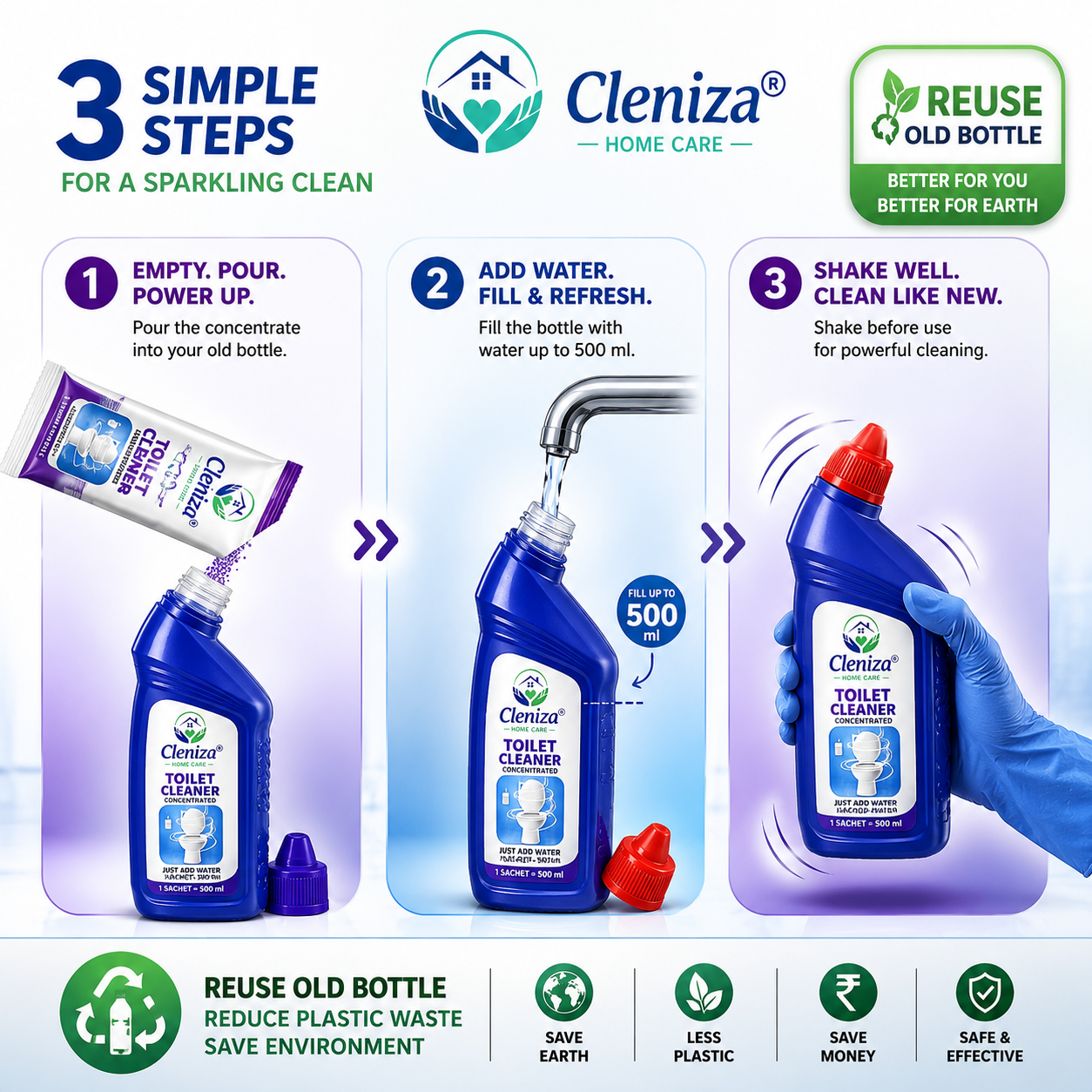 Cleniza toilet cleaner packaging with step-by-step instructions and product features.