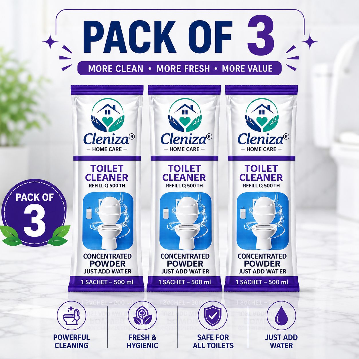 Three Cleniza toilet cleaner refills on a white background with product details.