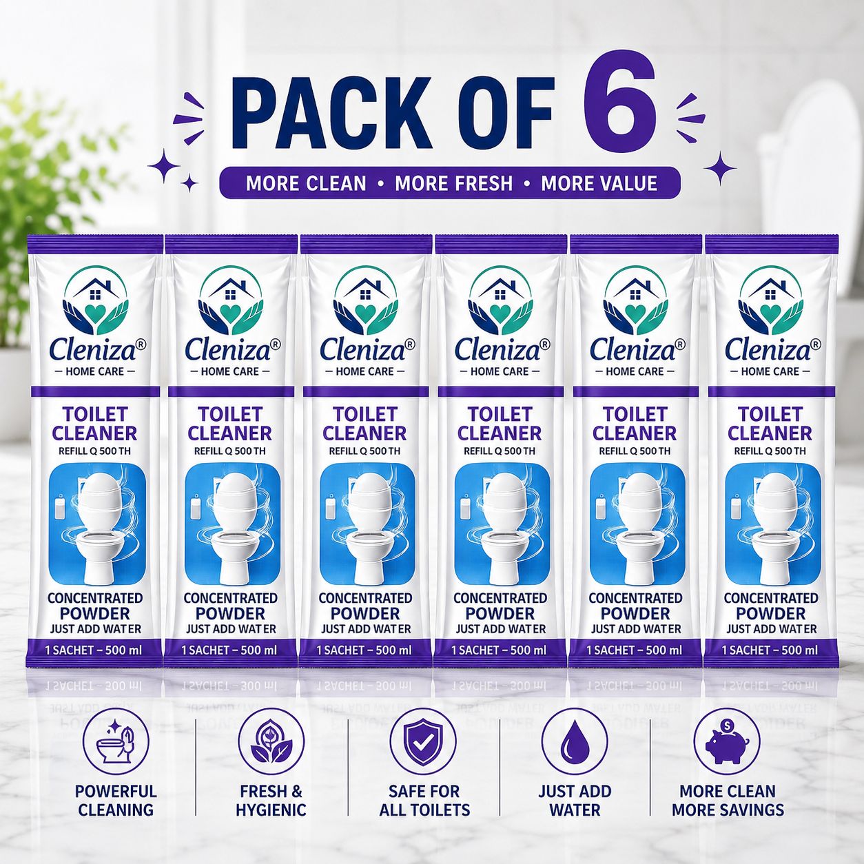 Pack of 6 Cleniza toilet cleaner refills on a white background