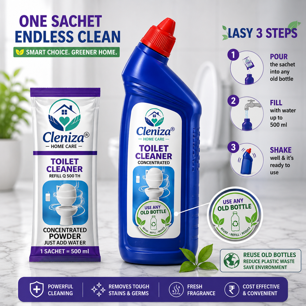 Cleniza toilet cleaner packaging with powder and liquid bottles on a white background
