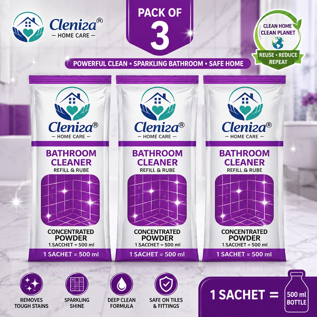 Pack of 3 Cleniza bathroom cleaner refills on a bathroom background