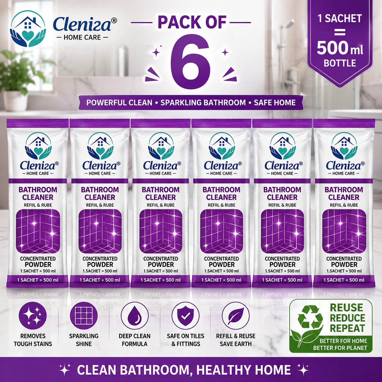 Pack of 6 Cleniza bathroom cleaner sachets with branding and product details.