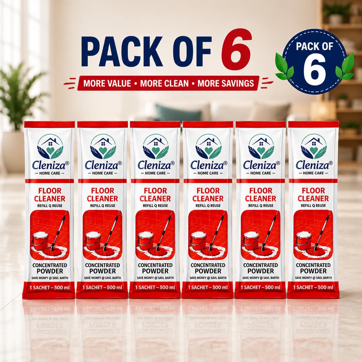 Pack of 6 Cleniza floor cleaner packets on a wooden surface with a blurred indoor background.