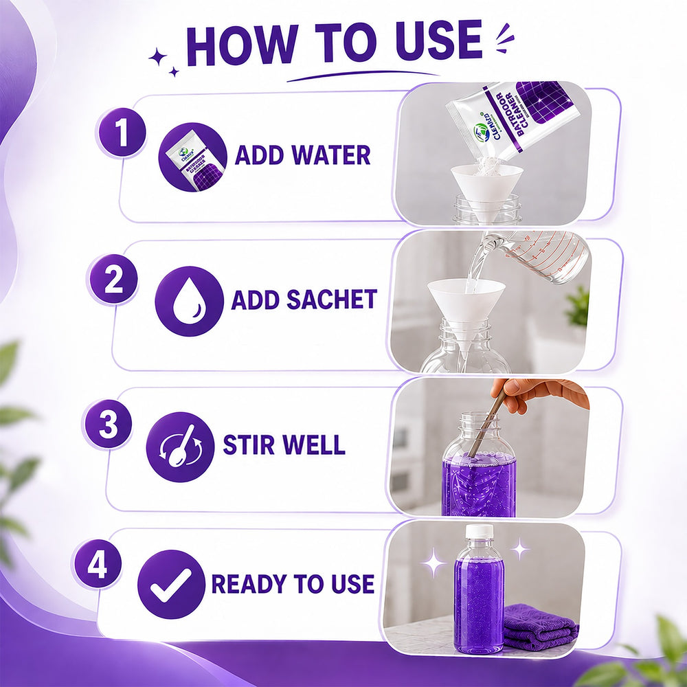 Instruction graphic titled 'HOW TO USE' showing a four-step process for preparing a cleaning solution: add water, add sachet, stir well, and ready to use. The steps are paired with small product photos on a white and purple background.