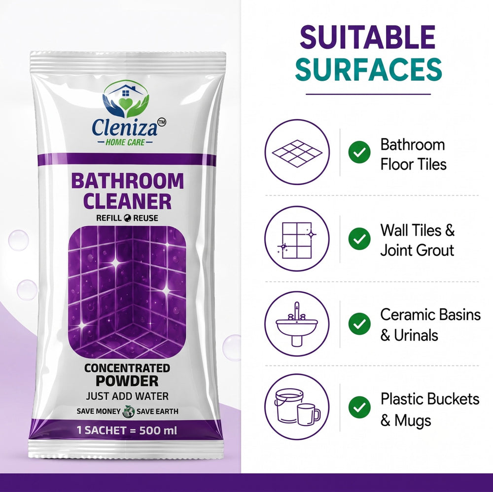 Cleniza Bathroom Cleaner refill pouch shown on the left, with a right-side panel listing suitable surfaces including bathroom floor tiles, wall tiles and joint grout, ceramic basins and urinals, plastic buckets and mugs.