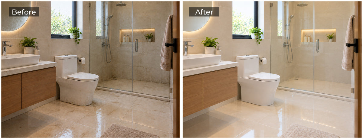 A side-by-side before and after comparison of a modern bathroom interior, showing the same space with and without a floor-mounted vanity cabinet. The left side is labeled 'Before' and shows the vanity open; the right side is labeled 'After' and shows it closed with wood-look cabinetry, a white sink, and a toilet.