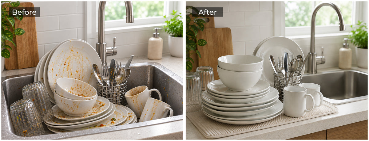 A side-by-side before and after kitchen scene showing a sink filled with dirty, stained dishes on the left and clean, white dishes on the right, with the word 'After' overlaid in the top left of the right panel.