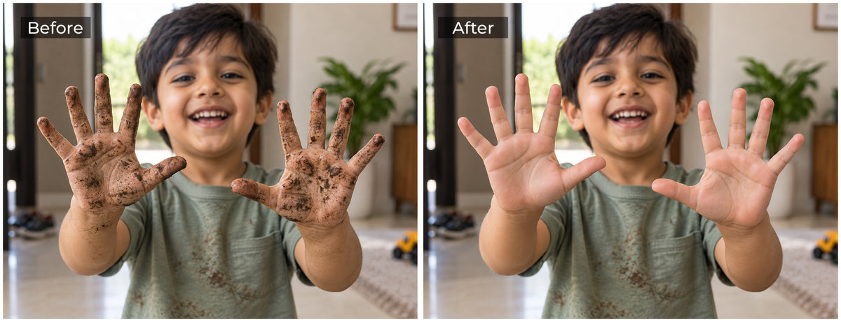A side-by-side before/after comparison showing a young boy indoors. The left panel labeled 'Before' shows him smiling and holding up his hands covered in dark dirt or paint.