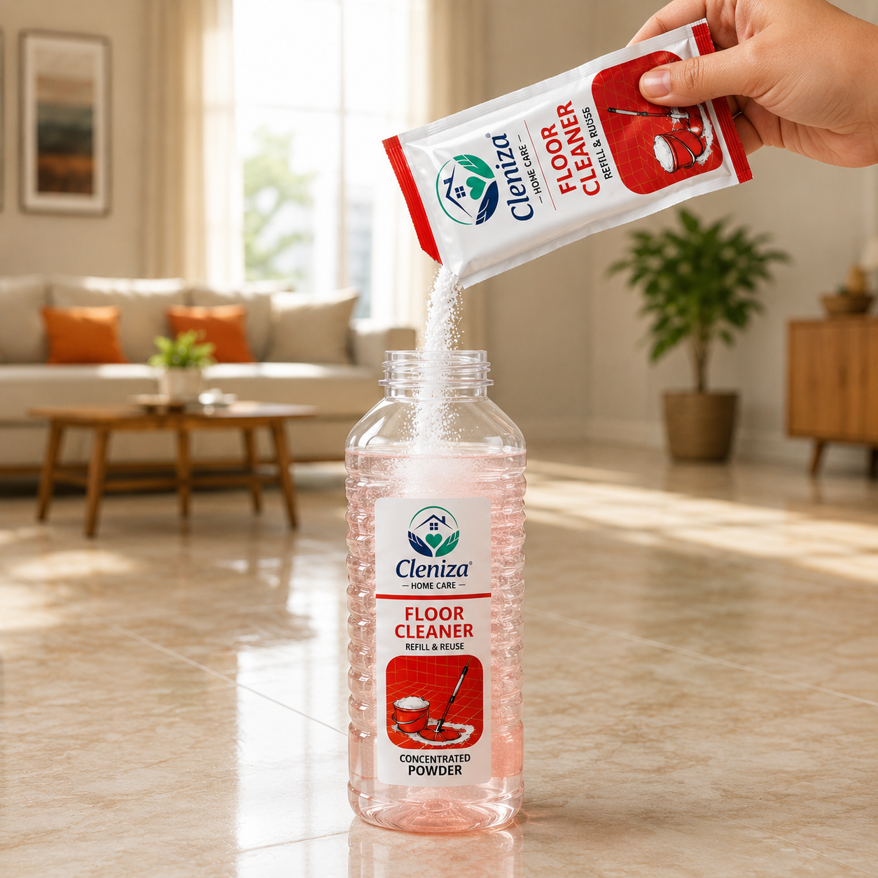 CLENIZA FLOOR CLEANER DEMO 'POWDER POURED INTO WATER IN A BOTLLE"